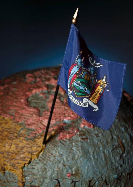 This is a picture of the flag of New York State, stuck into a globe.